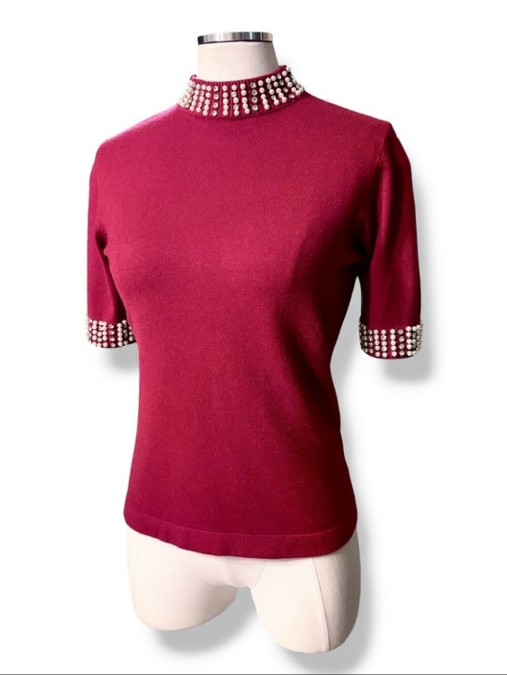 LIV MILANO Red Mock Turtleneck Sweater Short Sleeve Rhinestone & Pearl Embellish